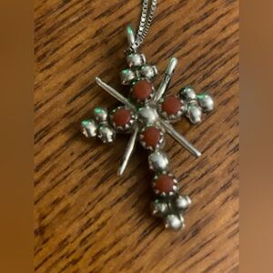 Vintage Zuni Petit Point 2 Sided Turquoise Coral Cross Pendant Necklace